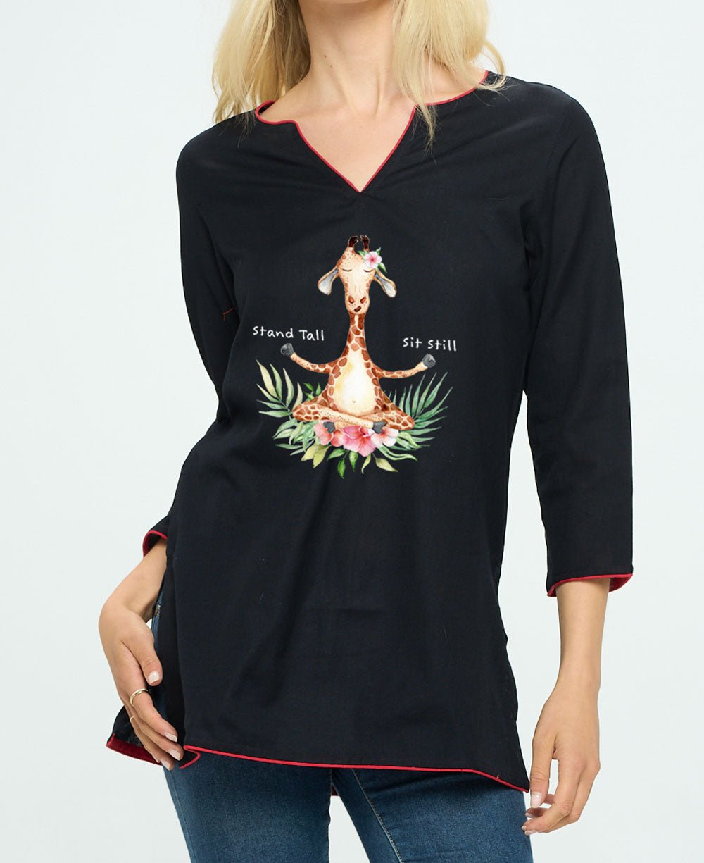 Black Cotton Tunic Top with Meditating Giraffe Print - Shirts & Tops S
