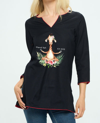 Black Cotton Tunic Top with Meditating Giraffe Print - Shirts & Tops S