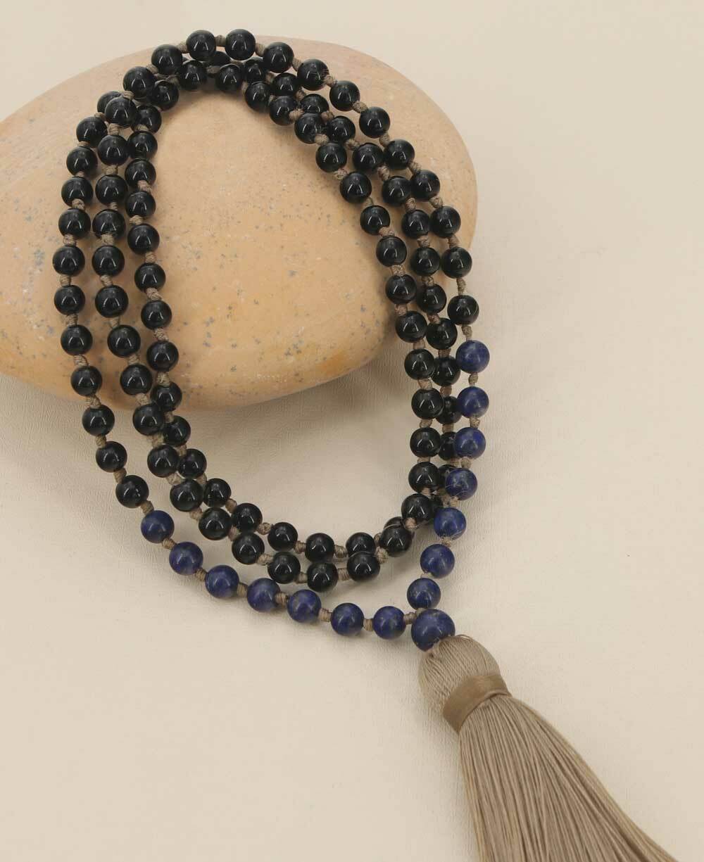 Black Onyx and Lapis Meditation Mala, Knotted 108 Beads - Prayer Beads 6mm