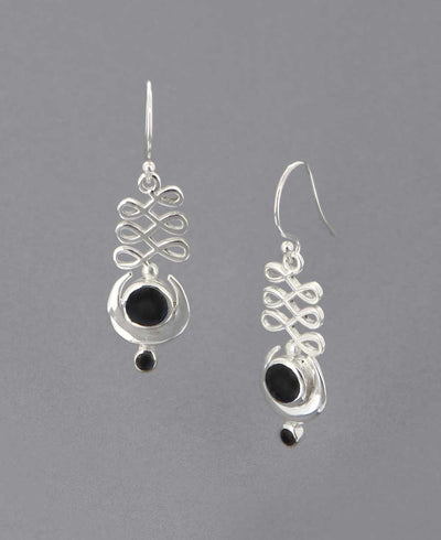 Black Onyx and Sterling Silver Unalome Moon Earrings - Earrings
