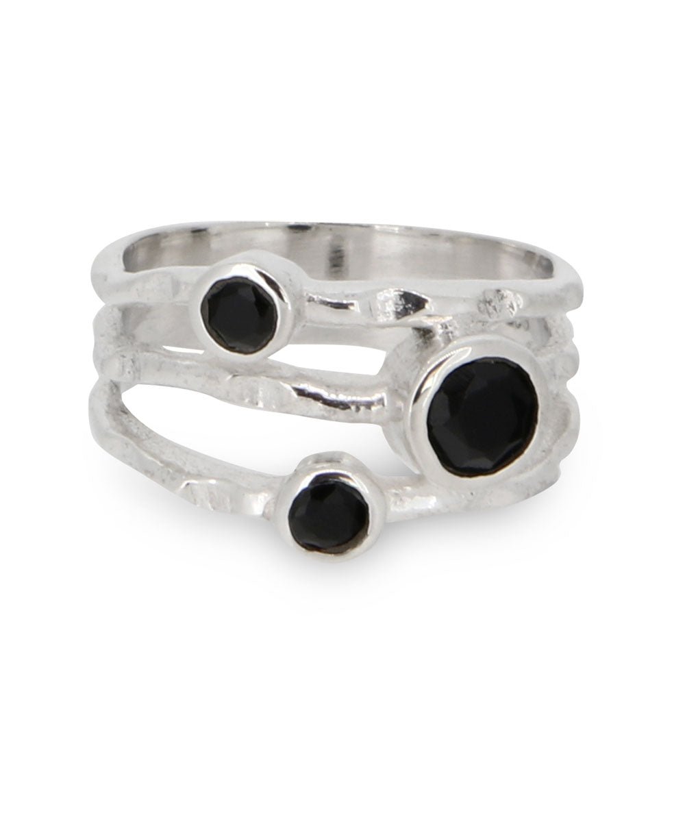 Black Onyx Triple Gemstone Ring, Sterling Silver - Rings Size 6