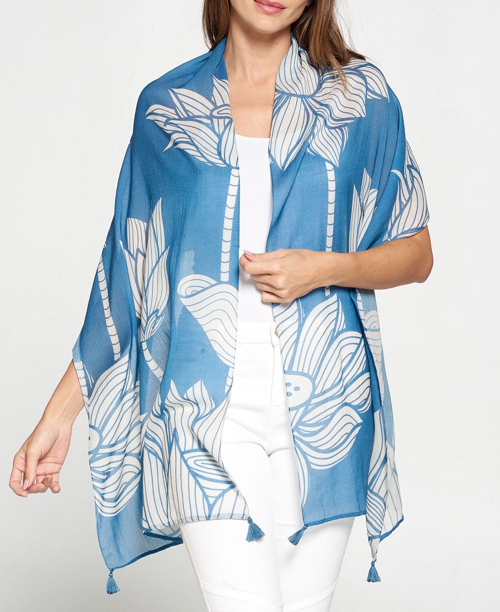 Blue And White Lotus Print Scarf - Scarves