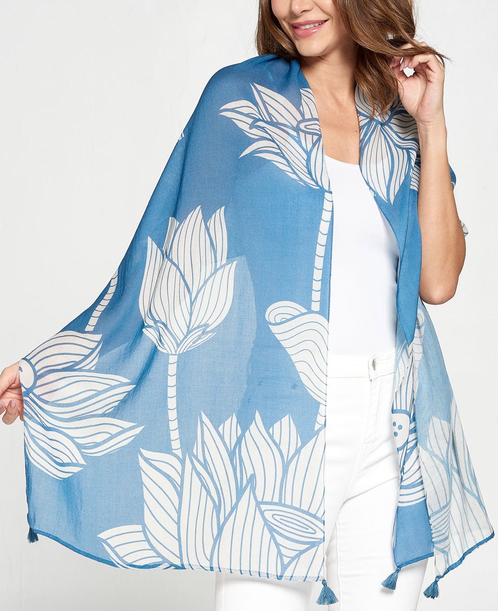 Blue And White Lotus Print Scarf - Scarves