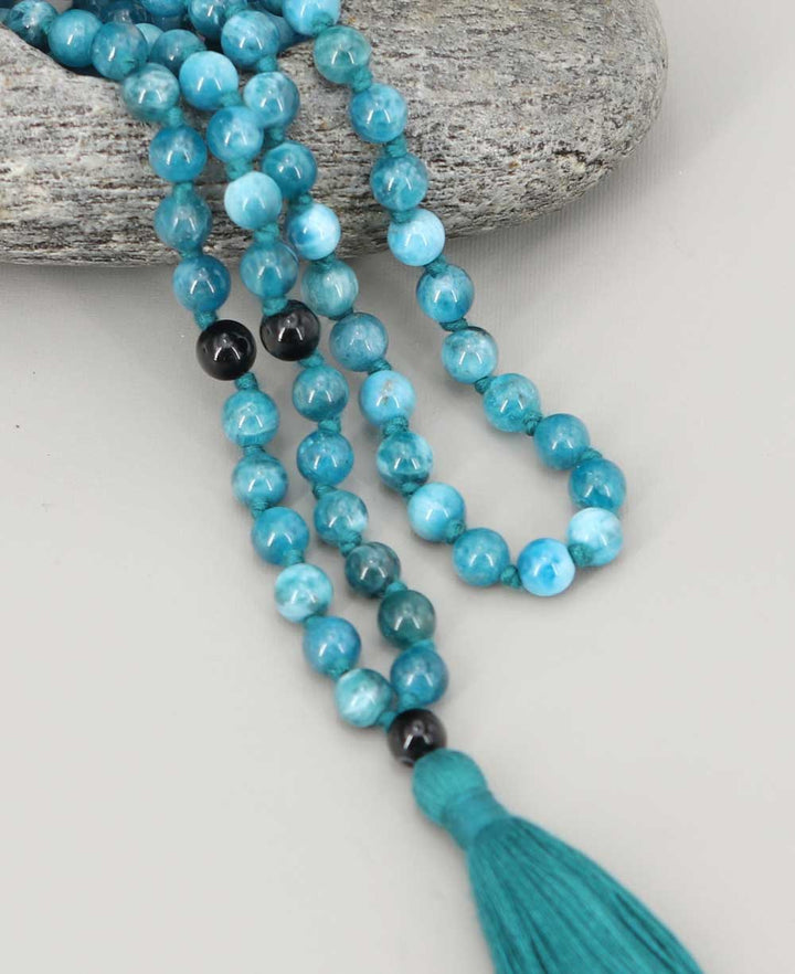 Blue Apatite and Black Onyx 108 Beads Meditation Mala, Knotted - Prayer Beads