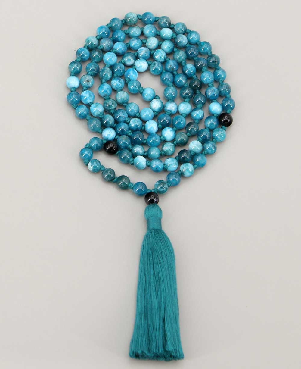 Blue Apatite and Black Onyx 108 Beads Meditation Mala, Knotted - Prayer Beads