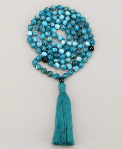 Blue Apatite and Black Onyx 108 Beads Meditation Mala, Knotted - Prayer Beads