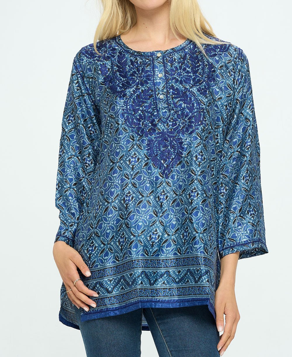 Blue Geometry Tunic With Hand Embroidery - Shirts & Tops S