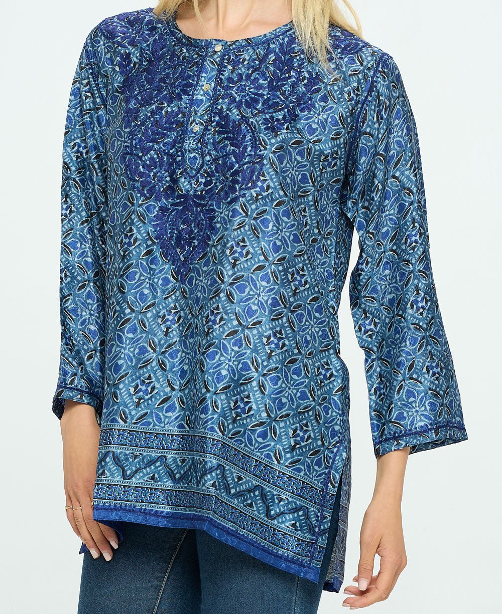Blue Geometry Tunic With Hand Embroidery - Shirts & Tops S