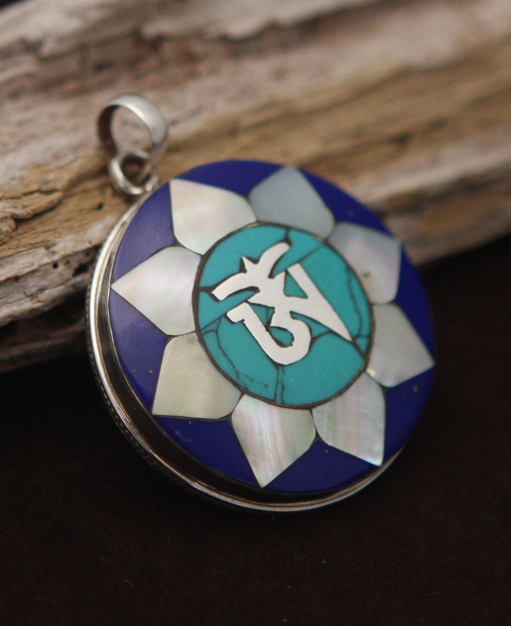 Blue Lapis Om Lotus Pendant with Inlay Work - Jewelry