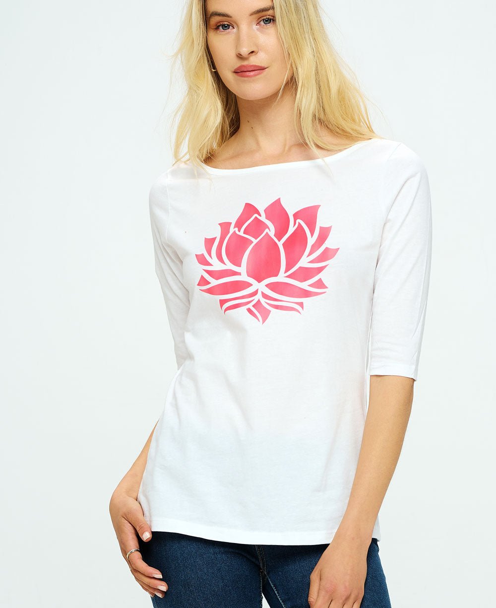 Bold Lotus Print Elbow Length Sleeve Cotton Tee - Shirts & Tops S