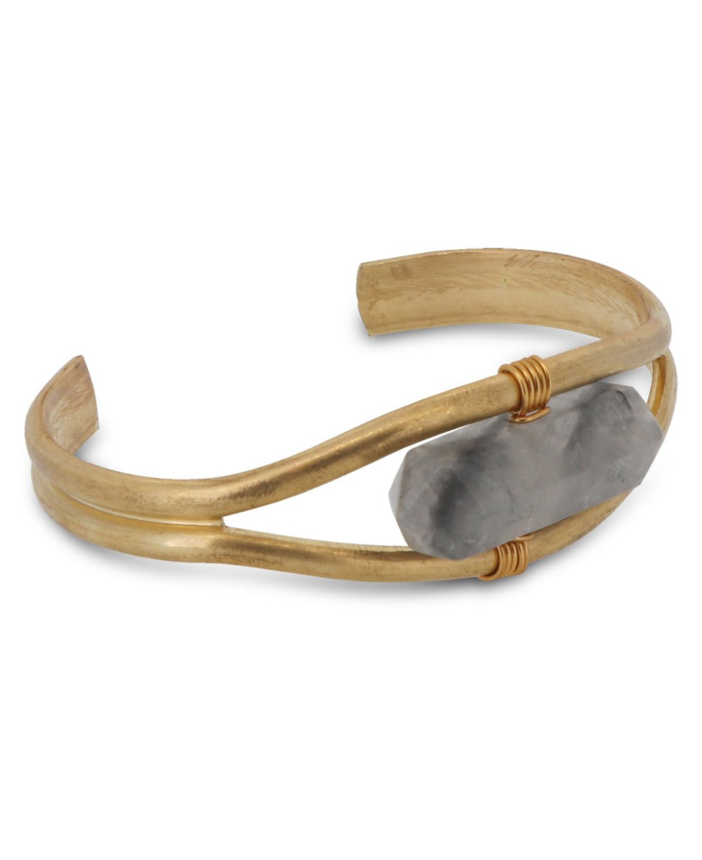 Brass Cuff Bracelet with Healing Grey Quartz Rod, USA -