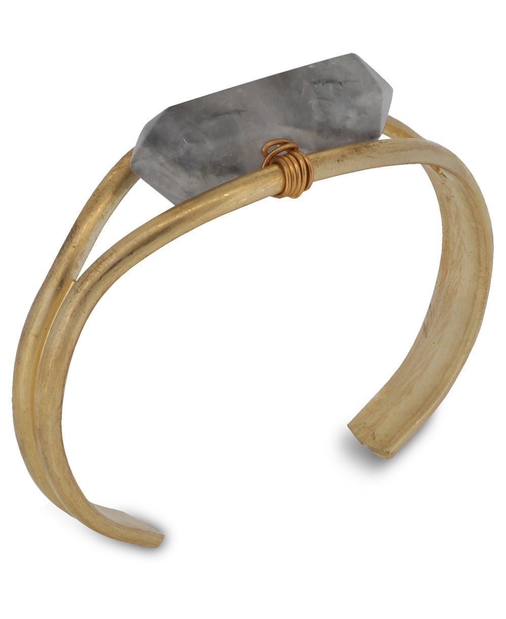 Brass Cuff Bracelet with Healing Grey Quartz Rod, USA -