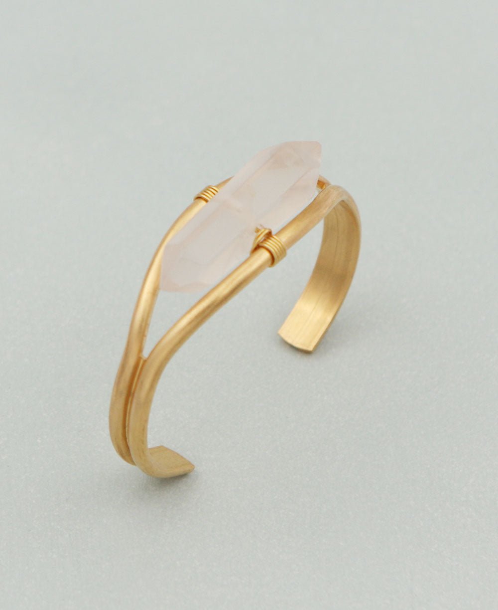 Brass Cuff Bracelet with Rose Quartz Gemstone, USA -