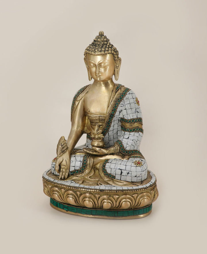 Brass Healing Medicine Buddha Statue With White & Green Mosaic - Sculptures & Statues