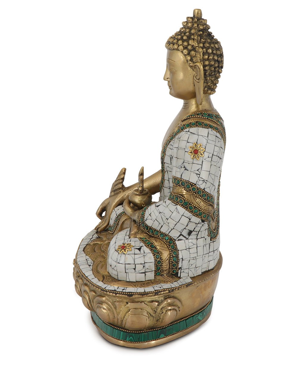 Brass Healing Medicine Buddha Statue With White & Green Mosaic - Sculptures & Statues