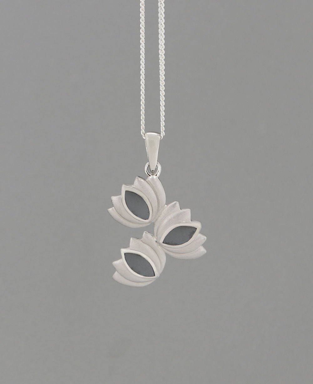 Brushed Sterling Silver Hematite Triple Lotus Pendant - Pendant