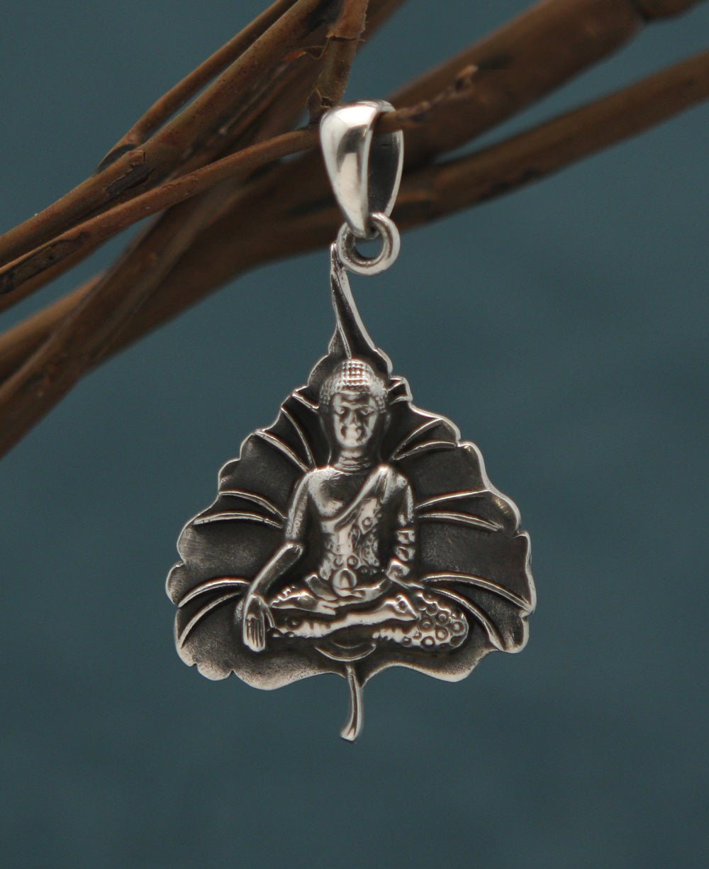 Buddha Pendant on Bodhi Leaf, Sterling Silver – Buddha Groove