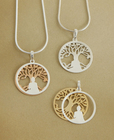 Buddha Pendant with Layered Bodhi Tree in Sterling Silver - Pendant Silver