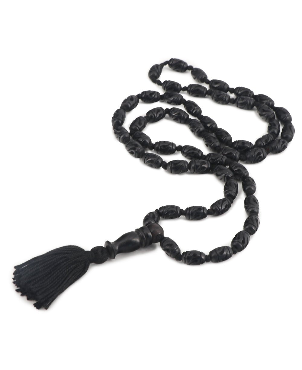 Carved Ebony Wood Meditation Mala with Knotted Beads - Prayer Beads 54 Beads