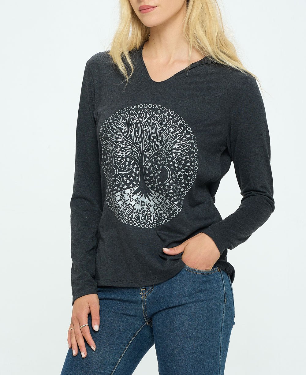 Celestial Tree of Life Boho Long Sleeve Lightweight Hooded Tee - Shirts & Tops S