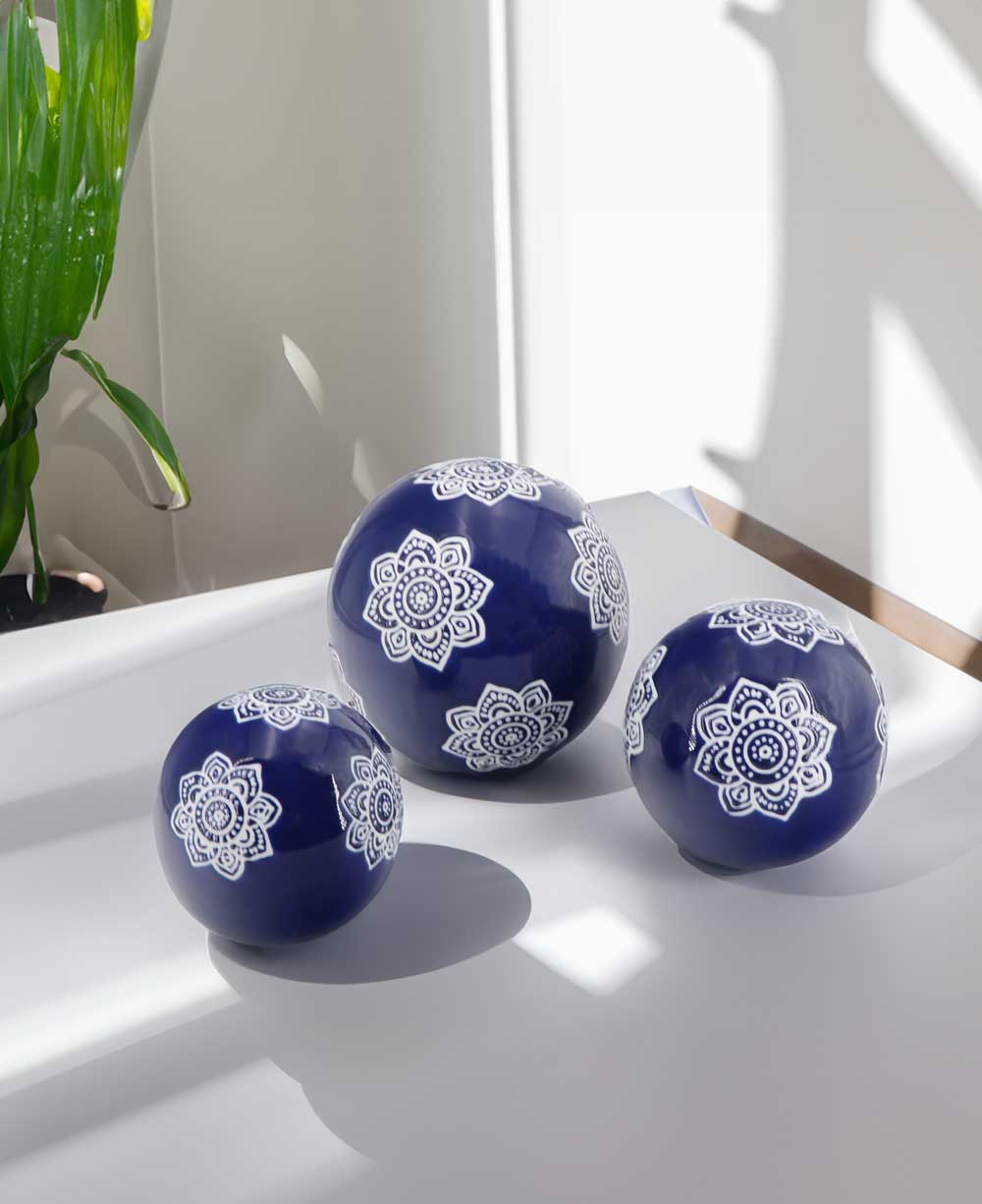 Chinoiserie Orbs Trio: Lotus Mandalas in Navy - Home & Garden
