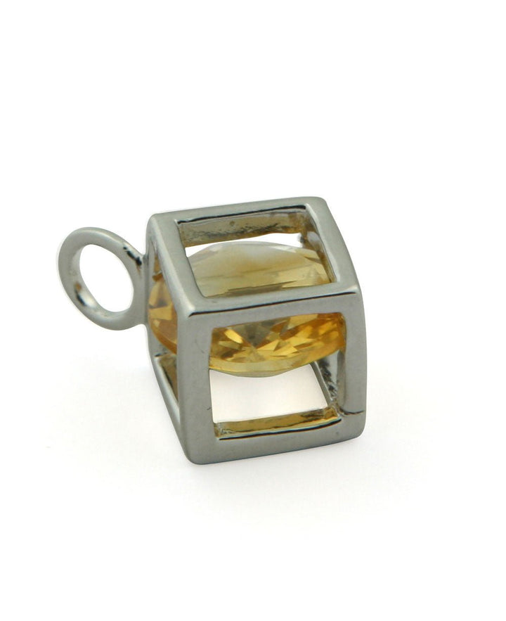 Citrine Gemstone Sterling Silver Cube Pendant - Pendant