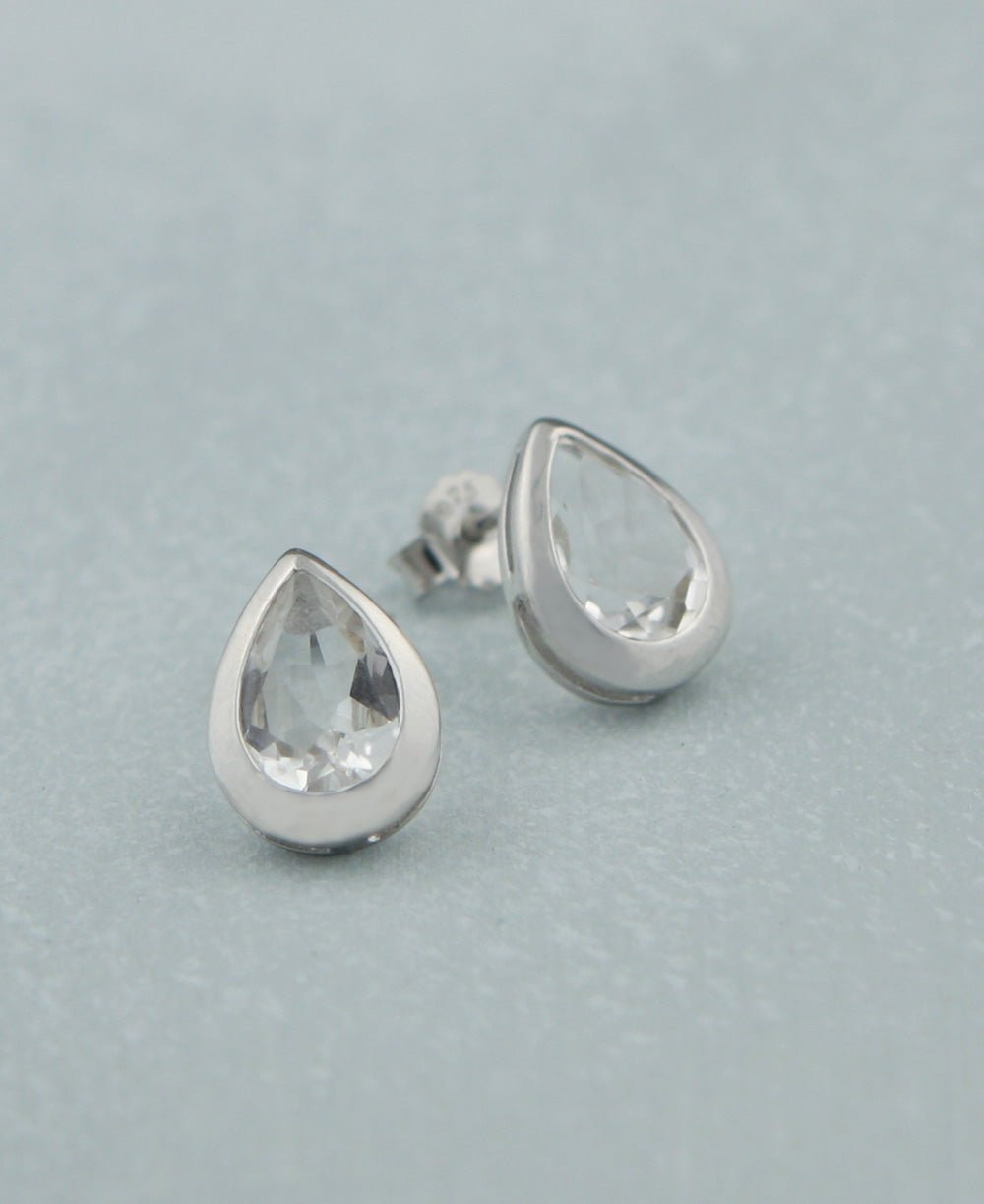 Clear Quartz Gemstone Teardrop Stud Earrings, Sterling Silver