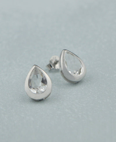 Clear Quartz Gemstone Teardrop Stud Earrings, Sterling Silver -
