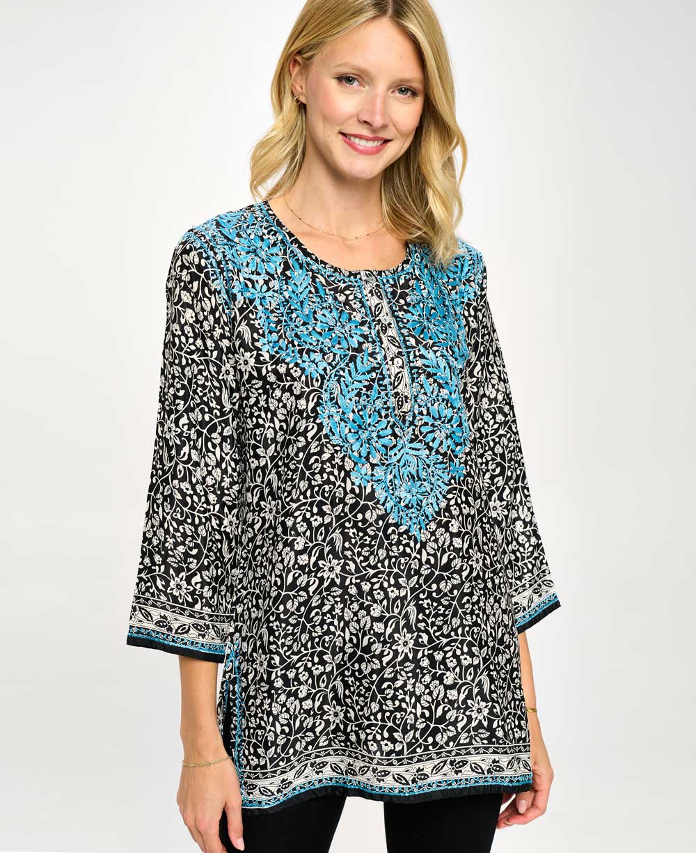 Contrast Embroidery Indian Tunic in Poly Silk - Shirts & Tops S