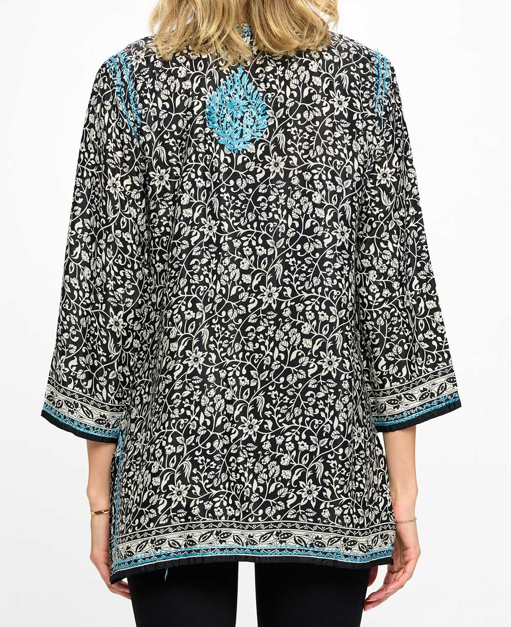 Contrast Embroidery Indian Tunic in Poly Silk - Shirts & Tops S
