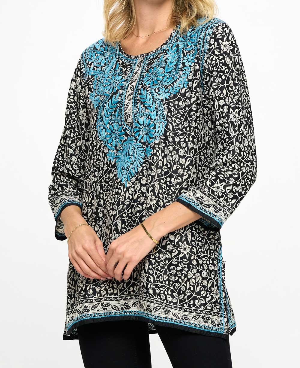 Contrast Embroidery Indian Tunic in Poly Silk - Shirts & Tops S