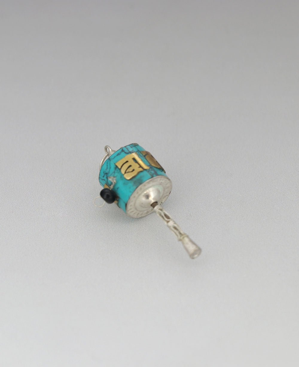Dainty Sterling Silver Prayer Wheel Pendant With Reconstituted Turquoise - Charms & Pendants