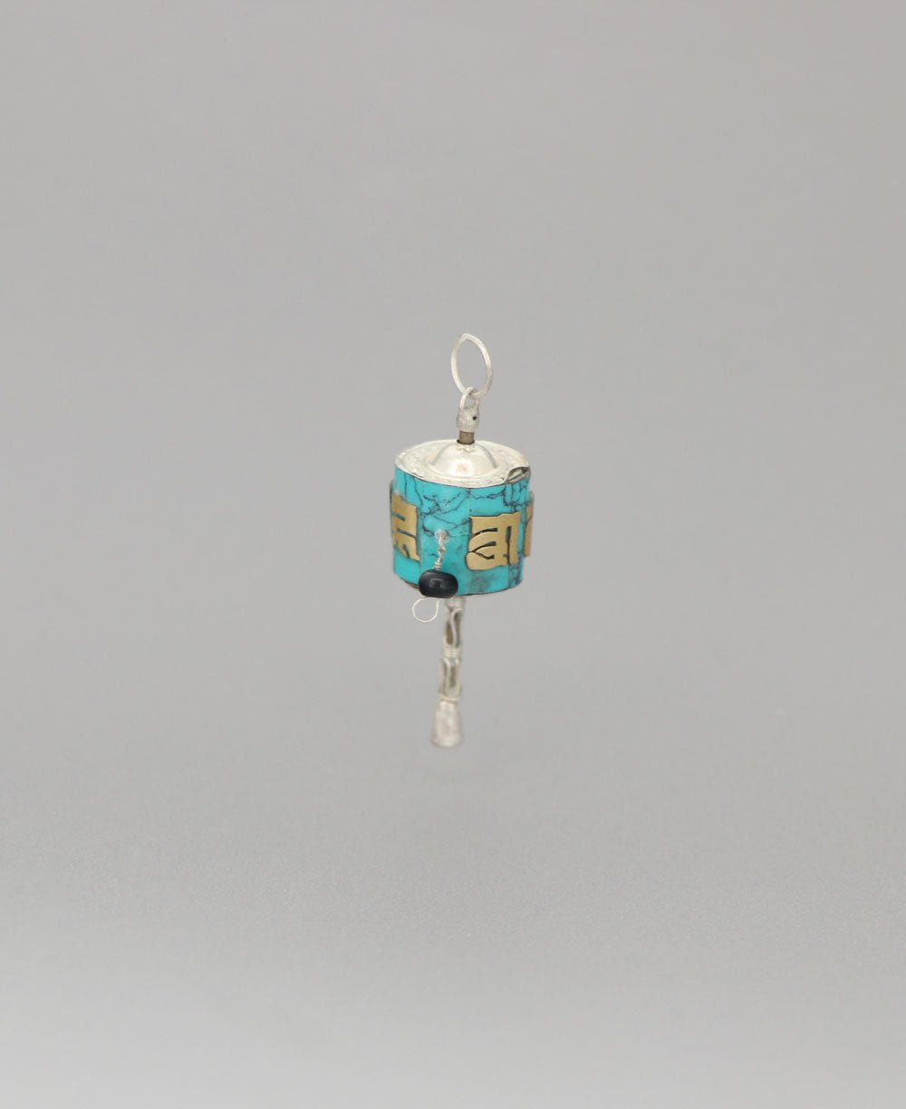 Dainty Sterling Silver Prayer Wheel Pendant With Reconstituted Turquoise - Charms & Pendants