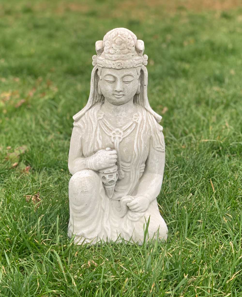 Distressed Finish Cast Stone Garden Kuan Yin Statue Made in the USA - Sculptures & Statues Washed Grey