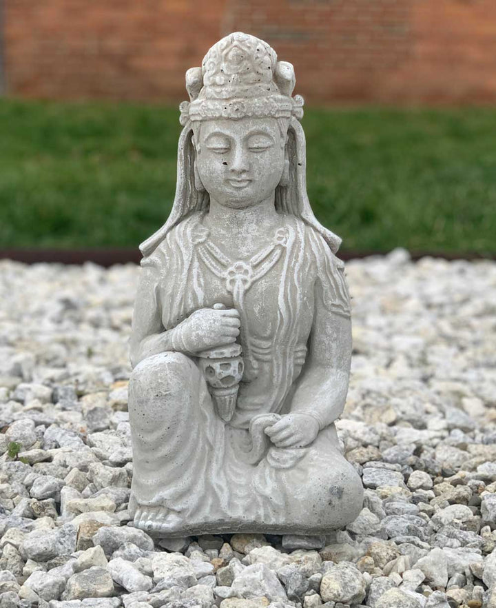 Distressed Finish Cast Stone Garden Kuan Yin Statue Made in the USA - Sculptures & Statues Washed Grey