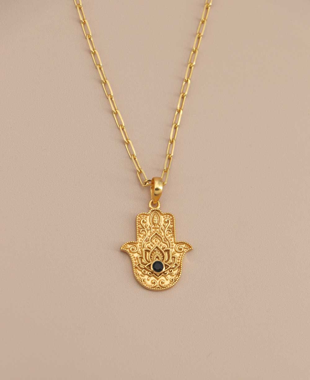 Divine Protection Hamsa Hand Necklace With Black Onyx Gemstone - Necklaces