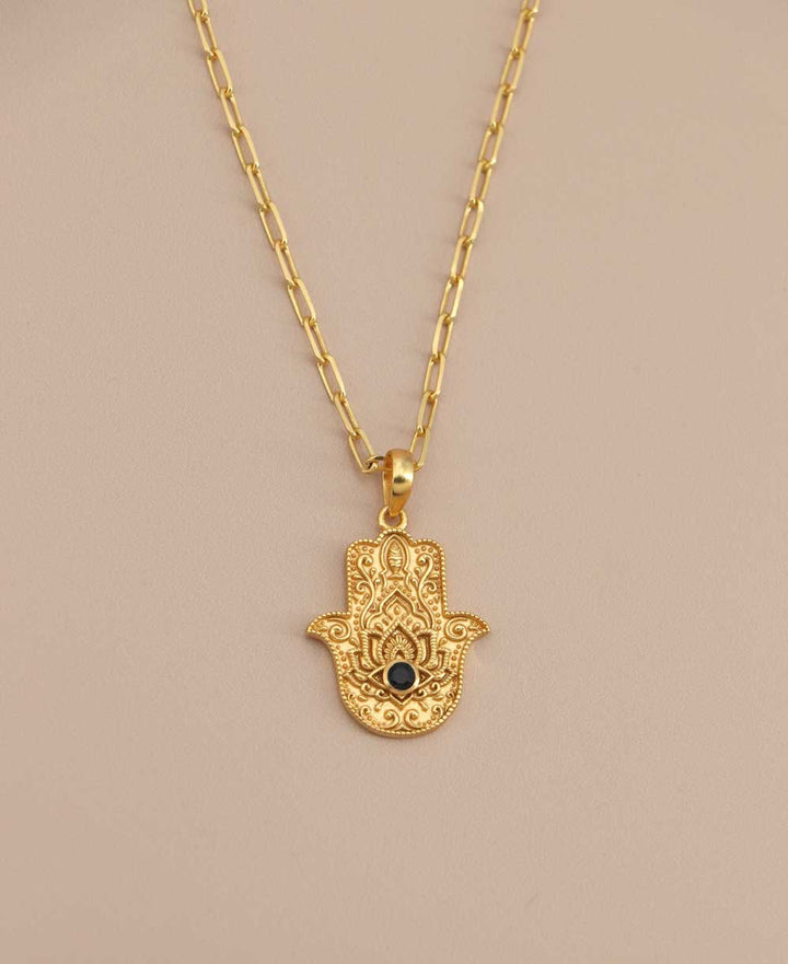 Divine Protection Hamsa Hand Necklace With Black Onyx Gemstone - Necklaces