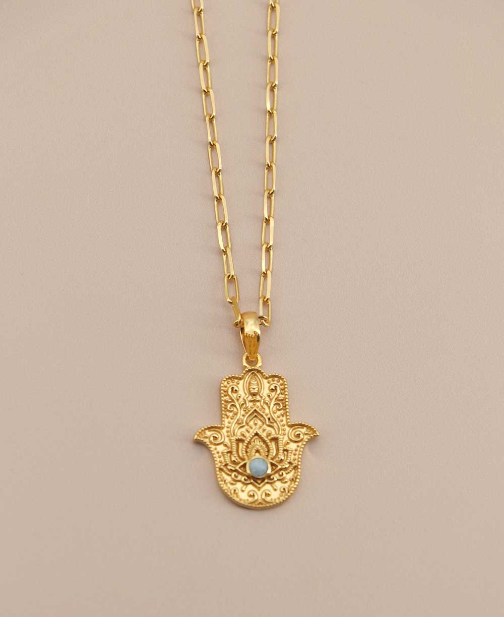 Divine Protection Hamsa Hand Necklace With Larimar Gemstone - Necklaces