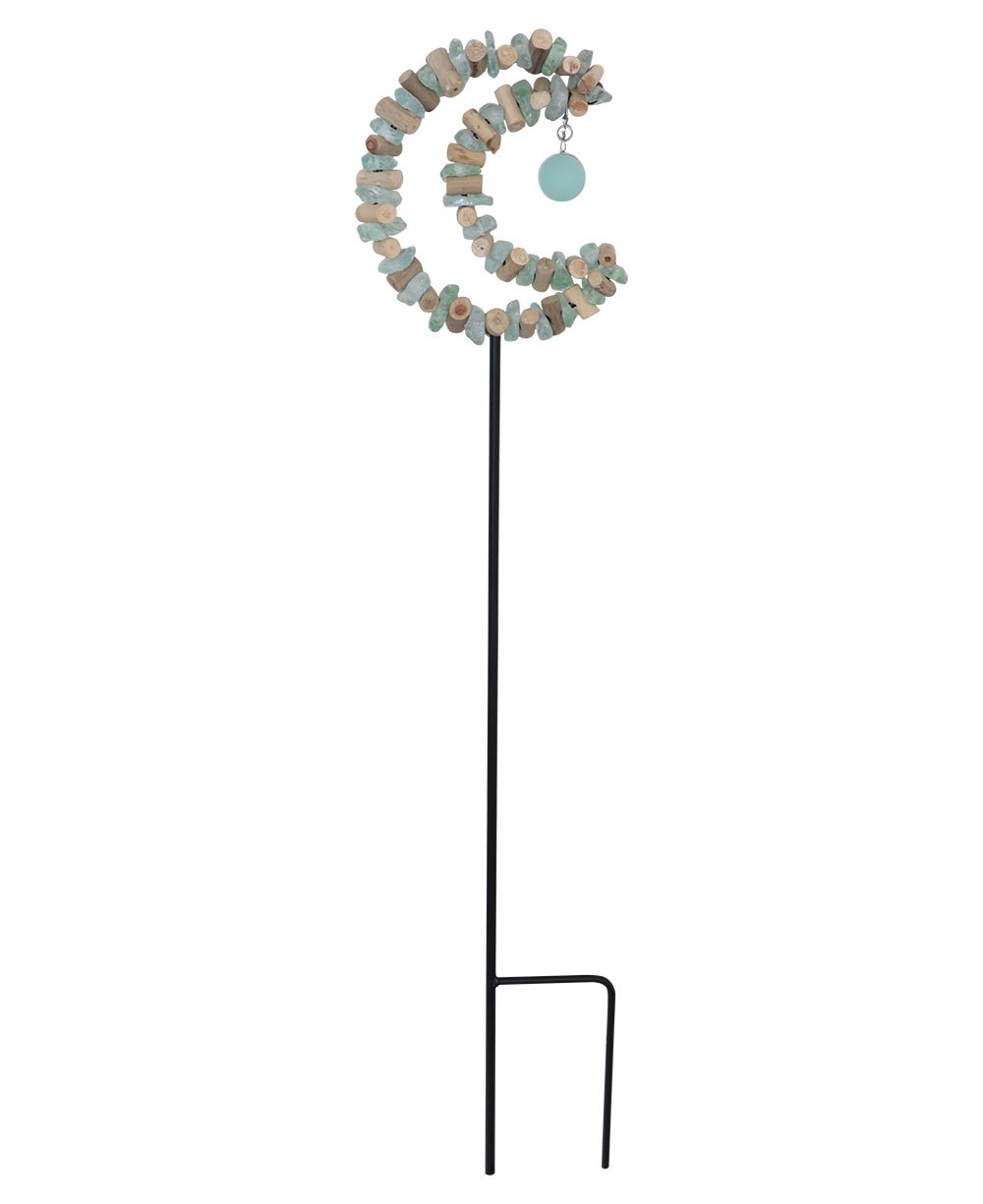 Driftwood & Aqua Glass Crescent Zen Garden Stake - Garden Stake