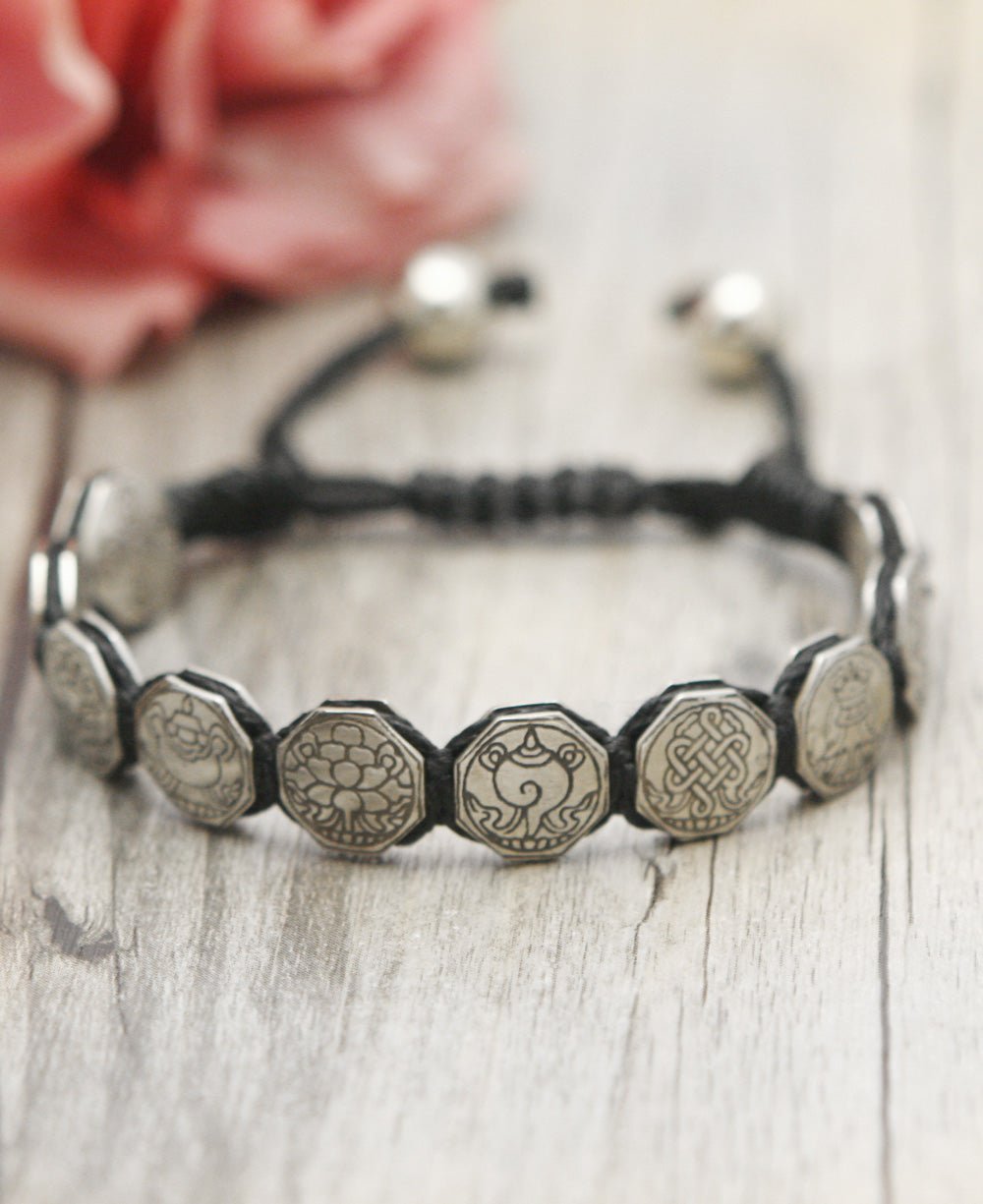 Eight Auspicious Symbols Adjustable Bracelet, Nepal - Bracelets