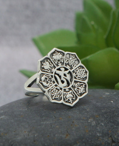 Eight Auspicious Symbols Om Ring, Sterling Silver - Rings