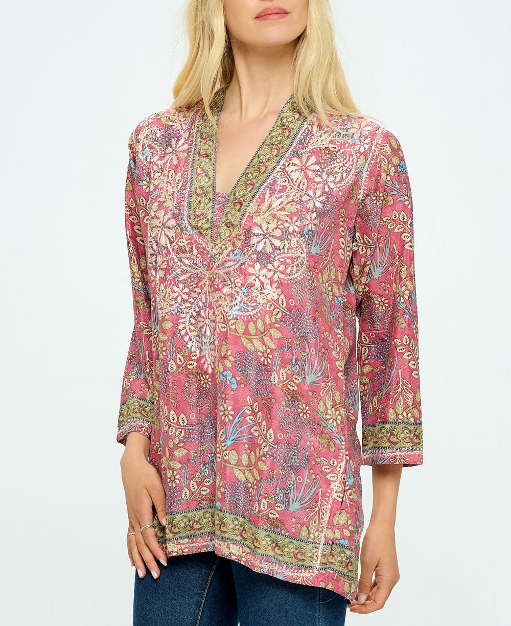 Embroidered Blush Tones V Neck Tunic Top - Shirts & Tops S
