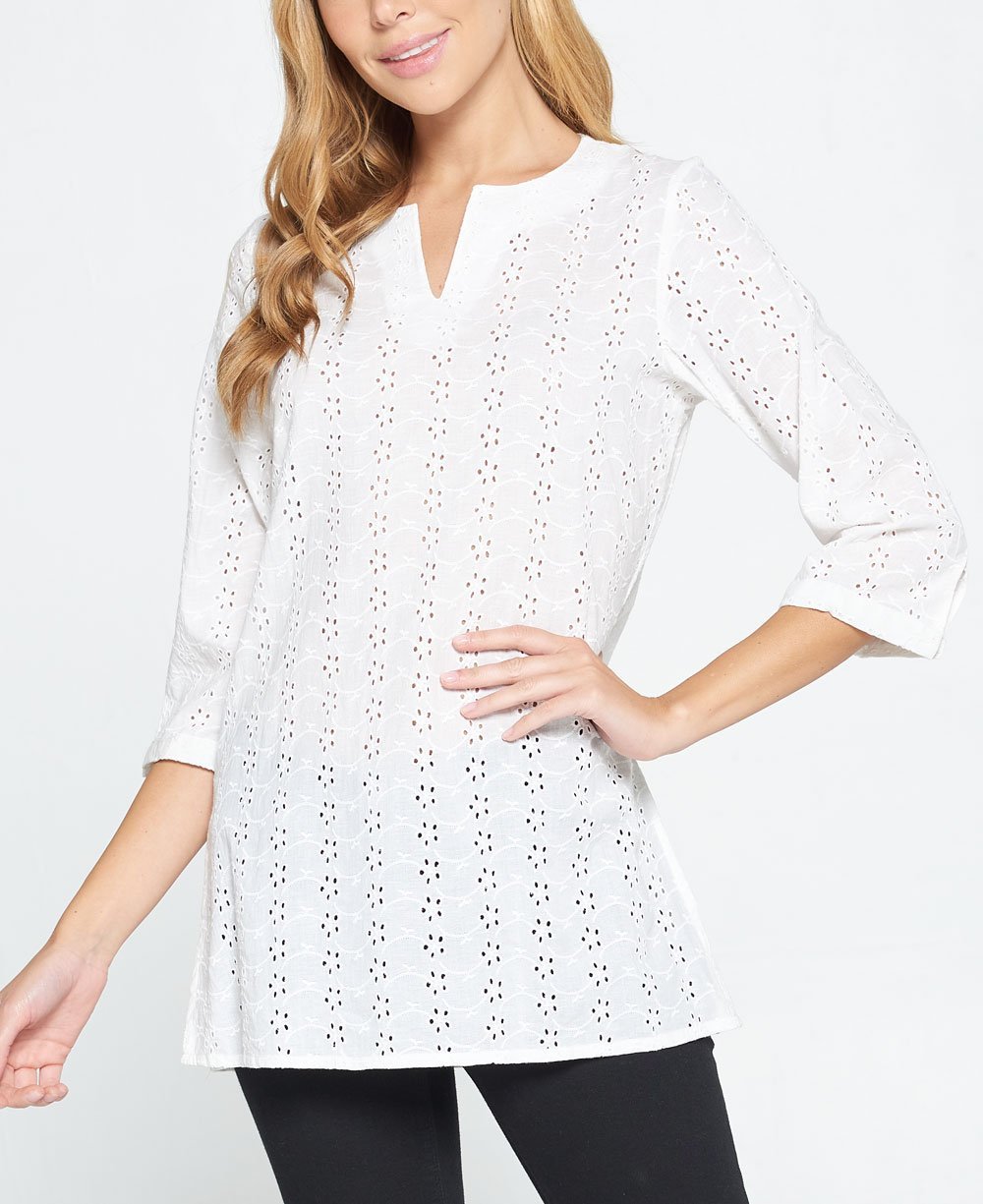 Embroidered Eyelet White Cotton Tunic Top - Shirts & Tops S