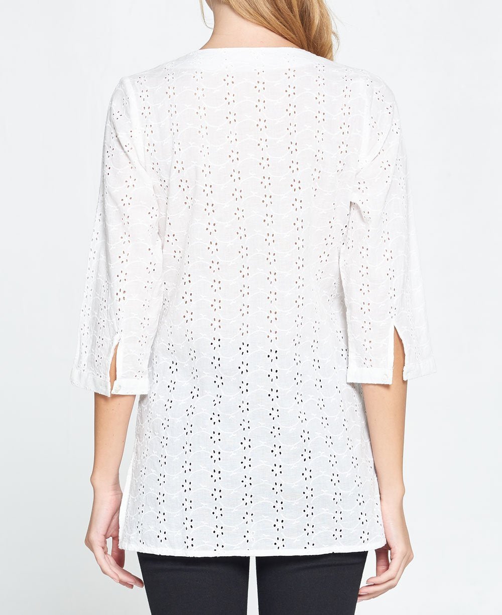 Embroidered Eyelet White Cotton Tunic Top - Shirts & Tops S