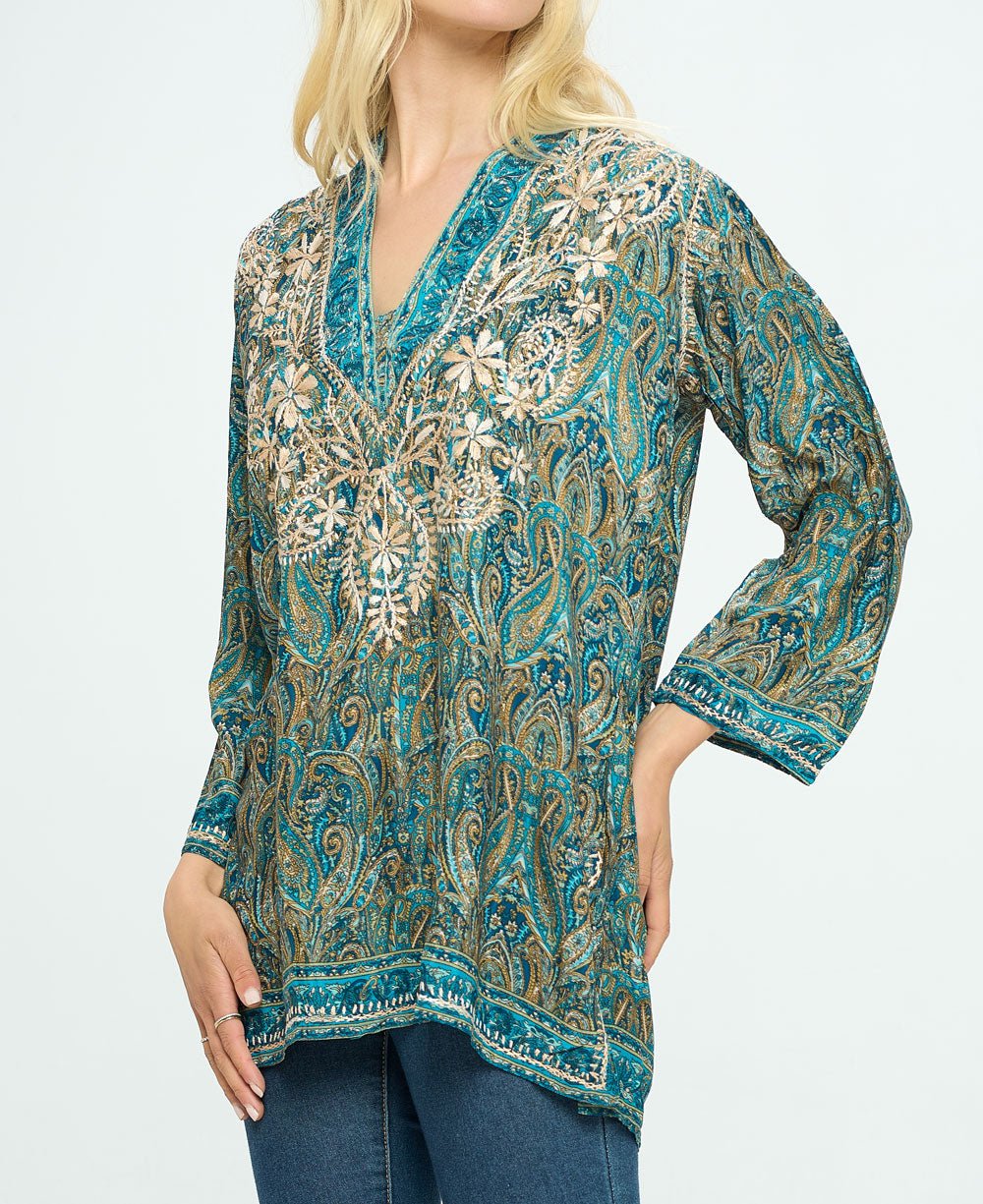 Embroidered Green Gardens V Neck Tunic Top - Shirts & Tops S
