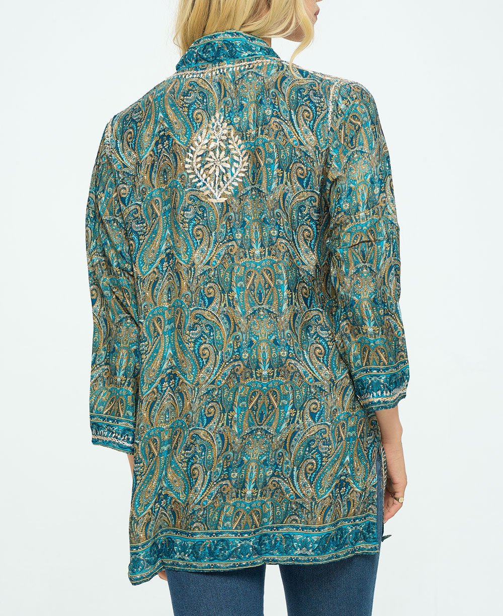 Embroidered Green Gardens V Neck Tunic Top - Shirts & Tops S