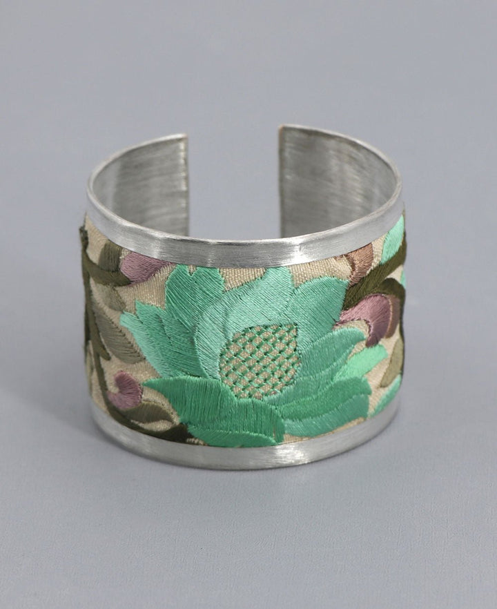 Embroidered Lotus Cuff Bracelet in Green - Bracelets