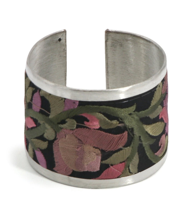 Embroidered Lotus Cuff Bracelet in Pink and Black - Bracelets