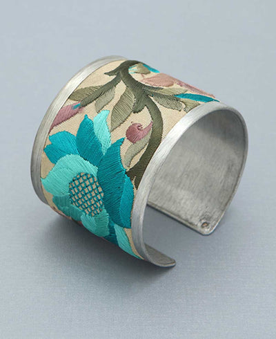 Embroidered Lotus Cuff Bracelet in Turquoise - Bracelets