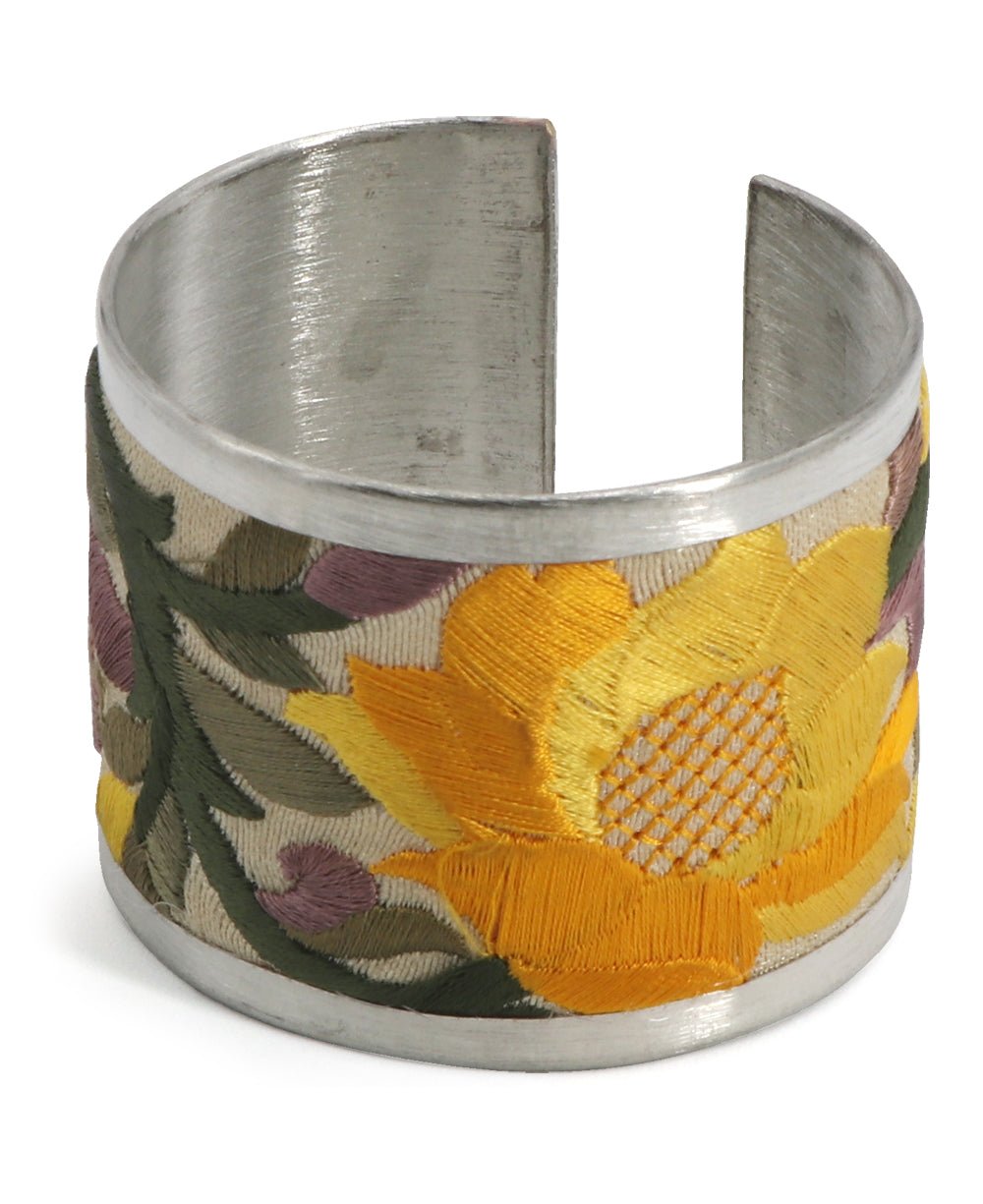 Embroidered Lotus Cuff Bracelet in Yellow - Bracelets